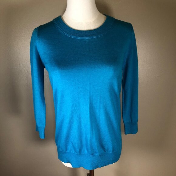 J Crew 100% Merino Wool Crewneck 3/4 Sleeve Blue Sweater Size S - Picture 1 of 9